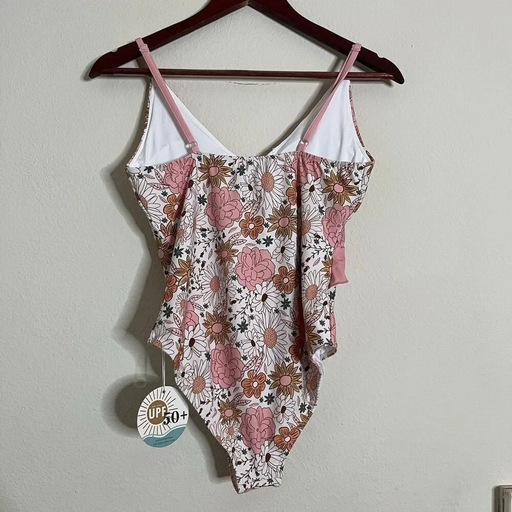 NWT Caden Lane Women’s Teen Girl SZ M Swimsuit Ruffle Floral Pink Blue One Piece